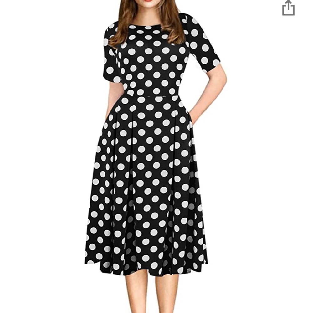 Elegant Black and White Polka Dot Midi Dress